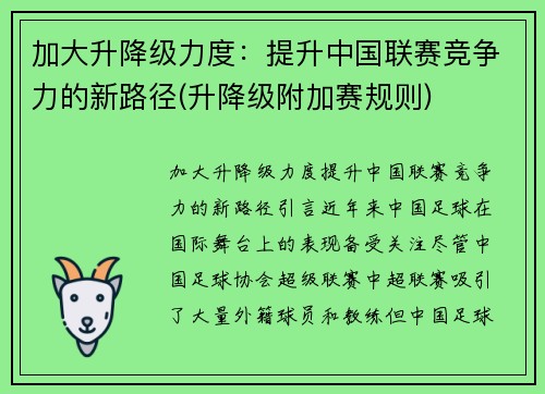 加大升降级力度：提升中国联赛竞争力的新路径(升降级附加赛规则)