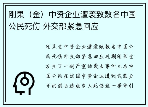 刚果（金）中资企业遭袭致数名中国公民死伤 外交部紧急回应