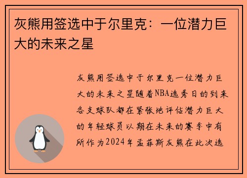 灰熊用签选中于尔里克：一位潜力巨大的未来之星