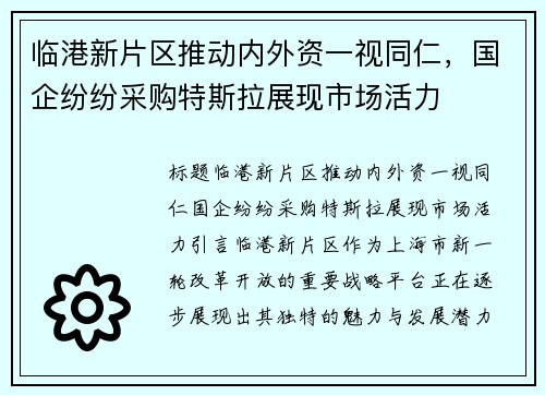 临港新片区推动内外资一视同仁，国企纷纷采购特斯拉展现市场活力